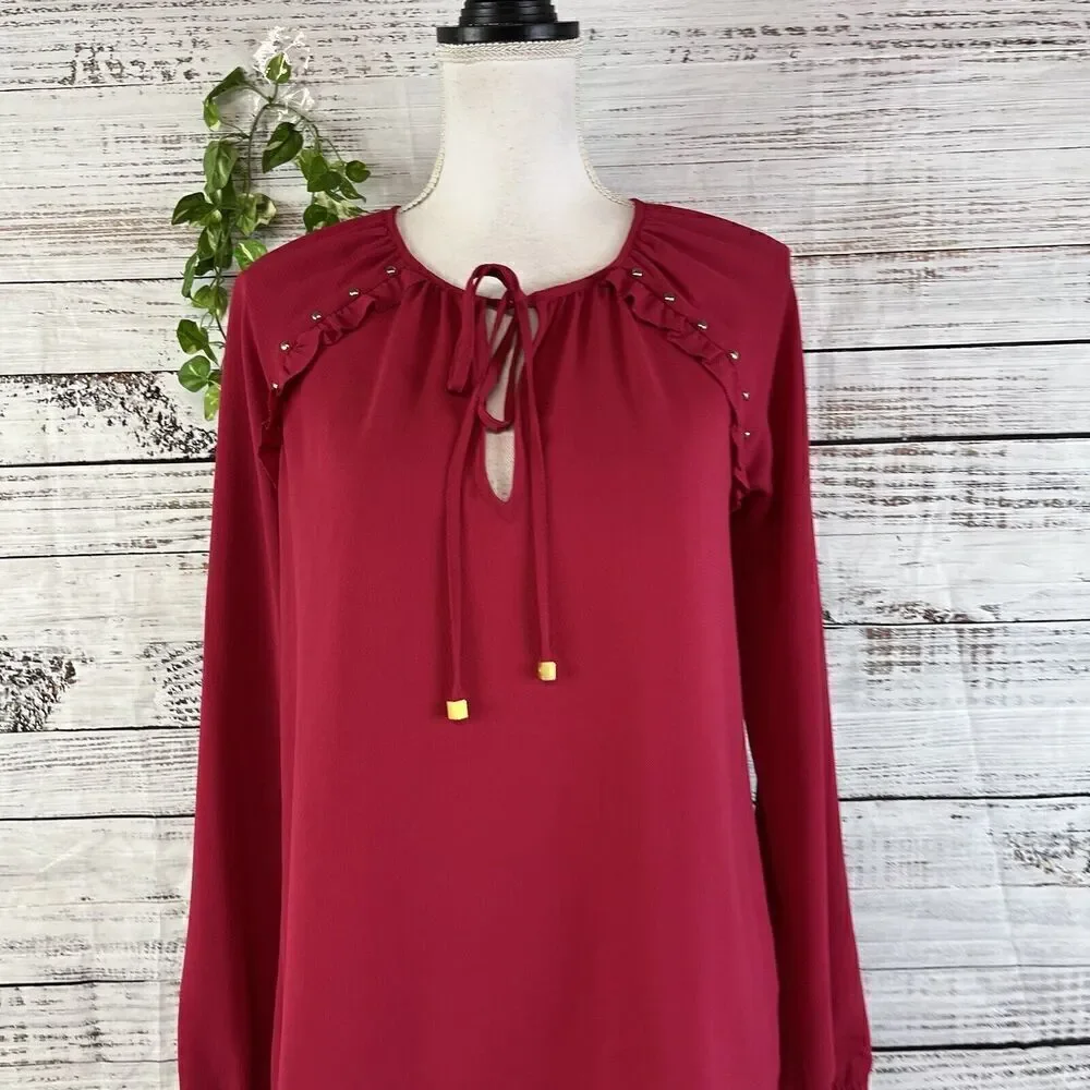 Michael Kors Tunic Blouse size Extra Small Dark Pink Crepe Ruffles Studs Bow Tie